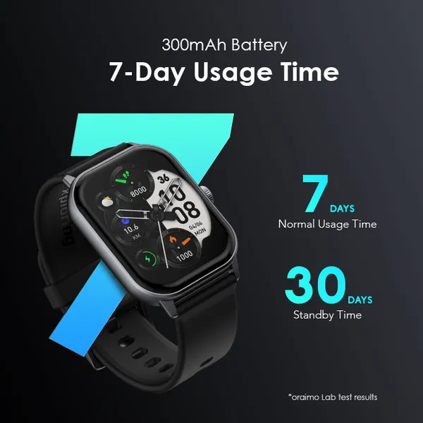 Oraimo Watch 5 OSW-805 - Montre Connectée Étanche 1ATM, Autonomie 7 Jours, Écran 2.01’’, Noir